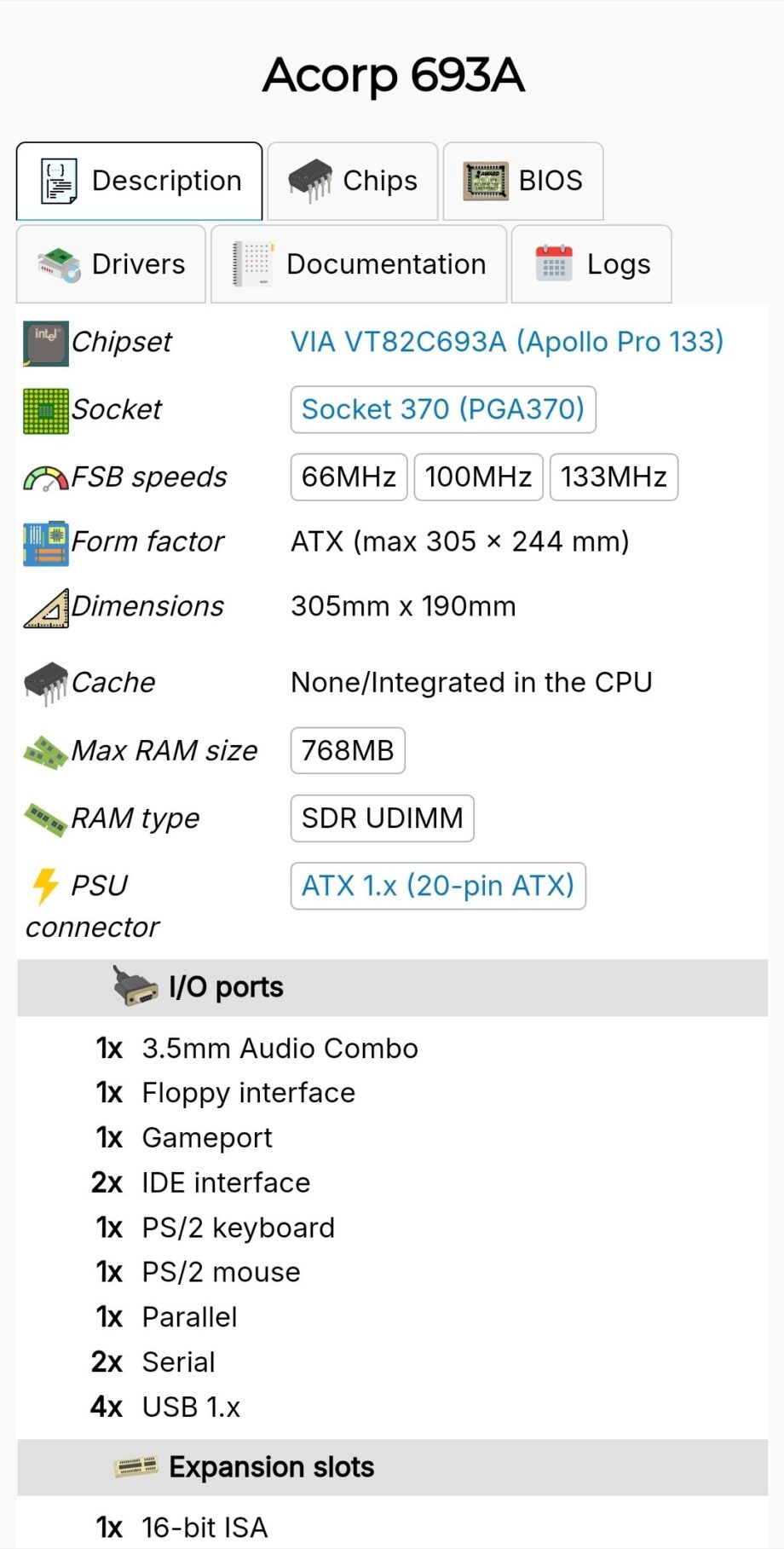 Acorp 693A Socket 370 Motherboard , Apollo Pro 133 , 256MB SD-RAM.