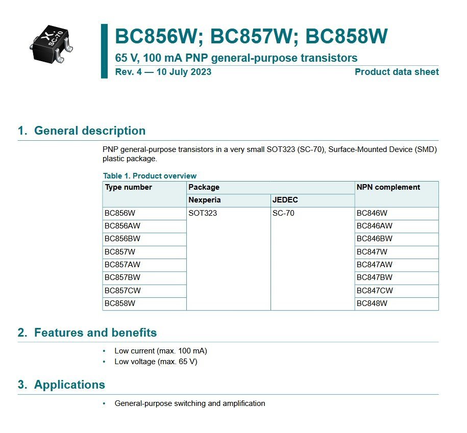 Nexperia BC856BW PNP Transistor -65V -100mA SOT-323