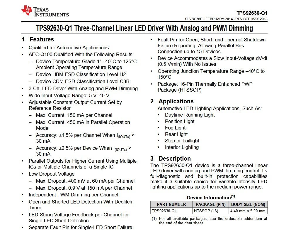 Texas Instruments TPS92630QPWPRQ1 3-Channel LED Driver HTSSOP-16