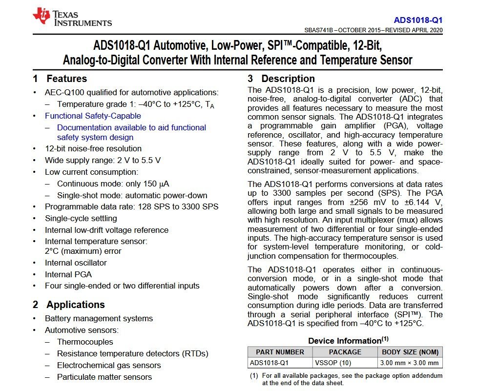 Texas Instruments ADS1018QDGSRQ1 12-bit ADC 4-ch SPI Temp Sensor