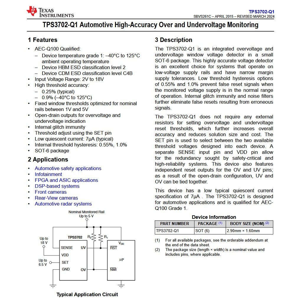 TI TPS3702CX50QDDCRQ1 Voltage Supervisor 50V VSON-6 Automotive