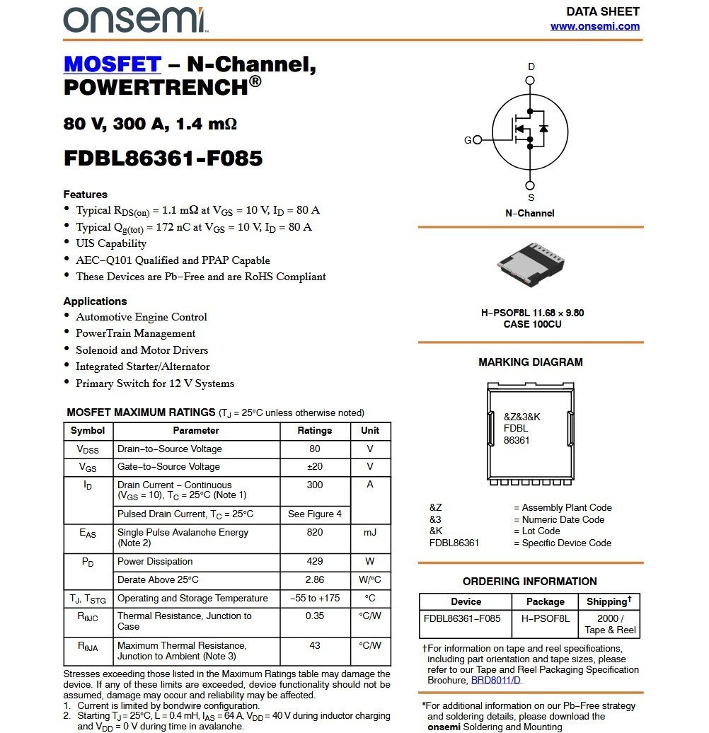 onsemi FDBL86361-F085 Dual N-Ch MOSFET 80V 300A 11mOhm